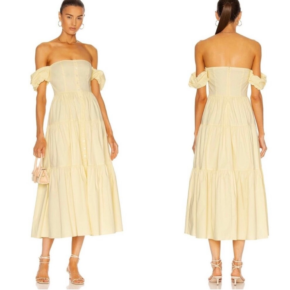 Staud off shoulder yellow midi Dress